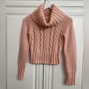 Bebe VTG XS Pink Cowl Neck Cable Knit Long Sleeve Sweater Cropped Top Shirt